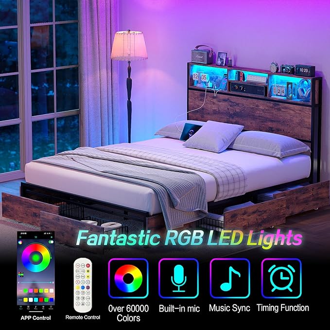 Full Size Bed Frame with LED Headboard & Charging Ports, Rustic Wood Platform Full Bed Frame, 6 Storage Drawers and Display Shelf, Heavy-Duty Metal Frame, No Box Spring Needed, Brown