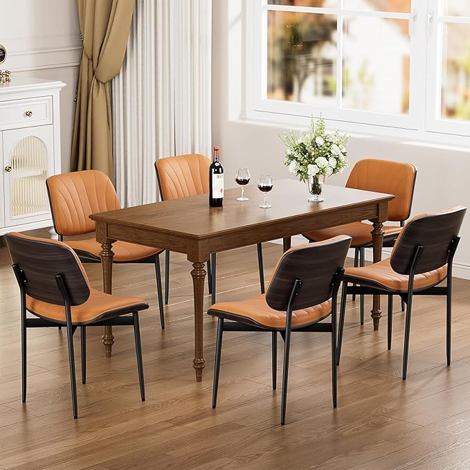 Dining Chairs Set of 8, Mid Century Modern Dining Room and Kitchen Chairs, Upholstered PU Leather Chairs with Walnut Bentwood and Metal Legs, Orange