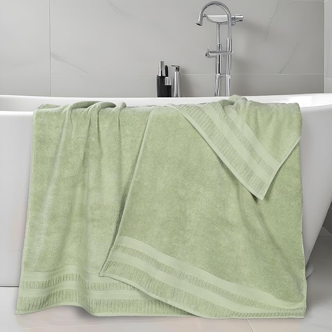 Superior Venice Zero Twist Cotton Medium Weight Bath Sheets, for Guest Bath, Bathroom, Shower, Spa, Plush Towels, Essentials, Ribbed Textured Border, Oversized Towels, Set of 2, Green