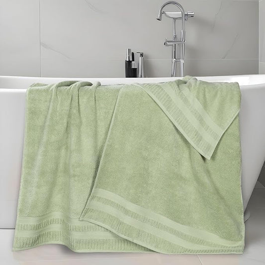 Superior Venice Zero Twist Cotton Medium Weight Bath Sheets, for Guest Bath, Bathroom, Shower, Spa, Plush Towels, Essentials, Ribbed Textured Border, Oversized Towels, Set of 2, Green