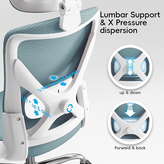 Office Home Ergonomic Desk Chair-Computer X-Shaped Chair Mesh PU Leather with Adjustable Lumbar Support-Executive Chair High Back with Headrest Flip-Up Arms for Long Hours (Sky Blue)