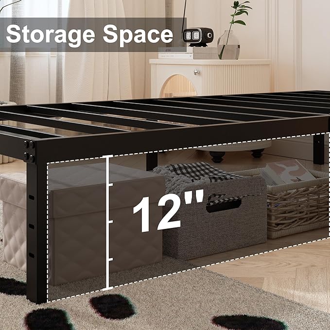 14 Inch King Size Bed Frame with White Fabric Cover, Heavy Duty King Platform Bed Frame Support Up to 3000 lbs, No Box Spring Needed, Easy Assembly, Noise Free, Black