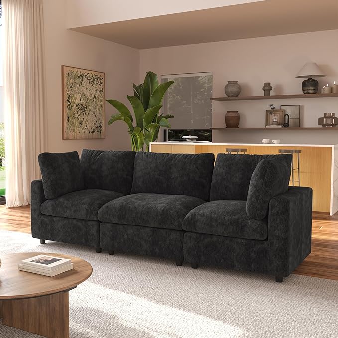 JACH 3-Seater Sectional Couches, Deep Seat Convertible Modular Sofas, Cloud Sectional Couch, Sofa Covers Washable, Minimalist Modern Sofa for Living Room, Apartment, Black