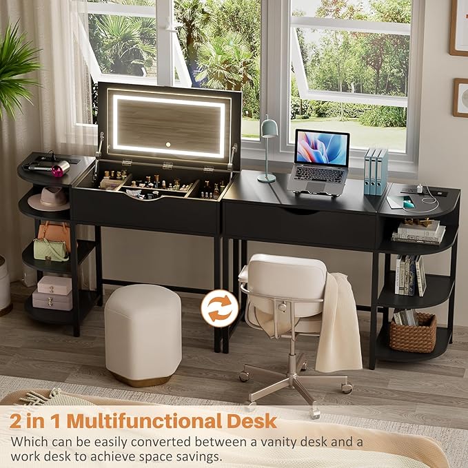 Cyclysio Vanity Desk with Flip Top Mirror and Lights, Makeup Vanity Desk with Drawers, Dressing Table with Storage Shelves & Charging Station, Small Vanity for Small Spaces, Black