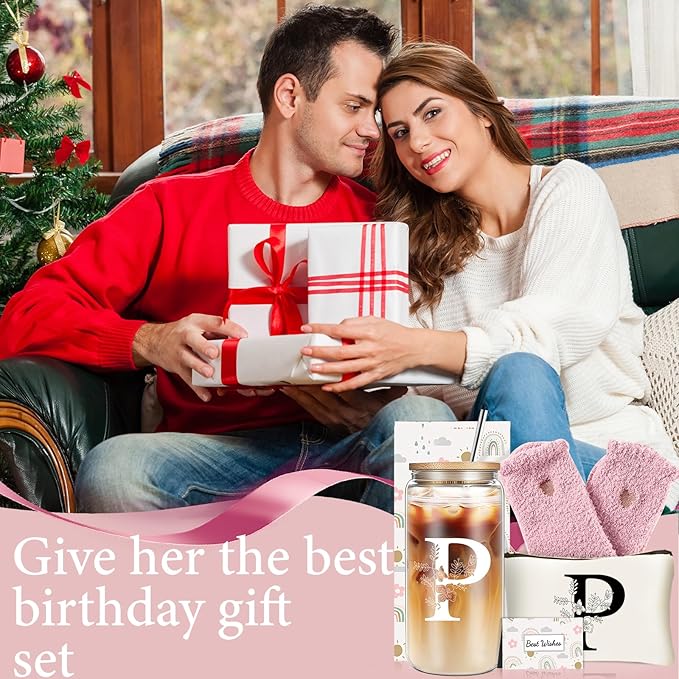 Unique Initial Glass Cup with Lids and Straws, Monogrammed Gifts Box Included Makeup Bag, Christmas Birthday Gifts for Women Mom Sister Grandma, P