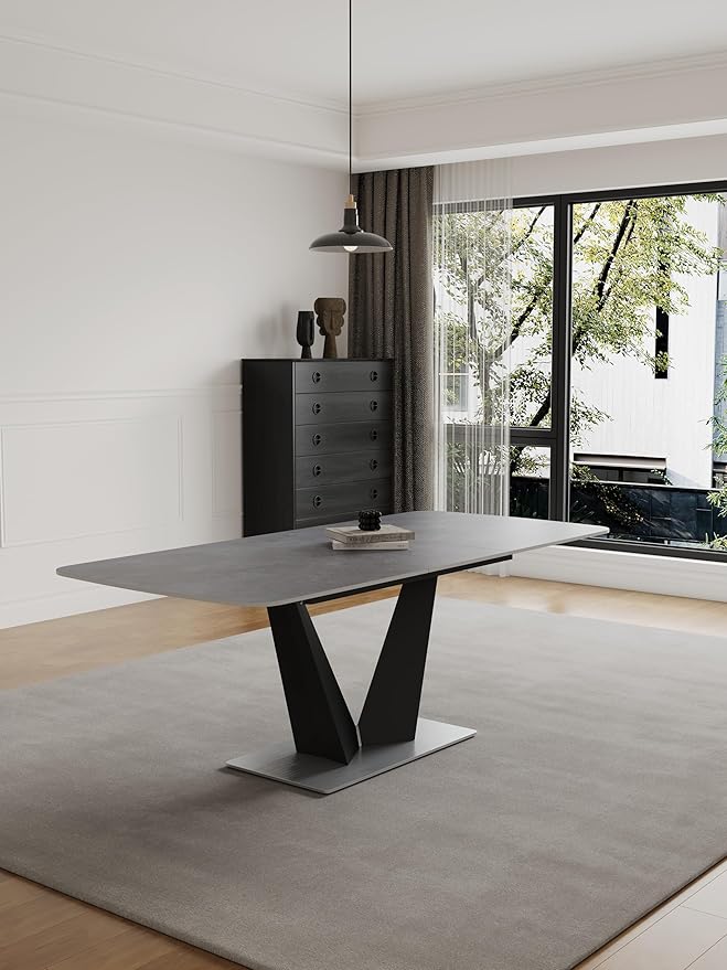 79 ”Modern Dining Table, Seats 6-8, Gray Rectangular Expandable Sintered Stone Dining Table with V-Shaped Carbon Steel Base,for Dining Room (Table)