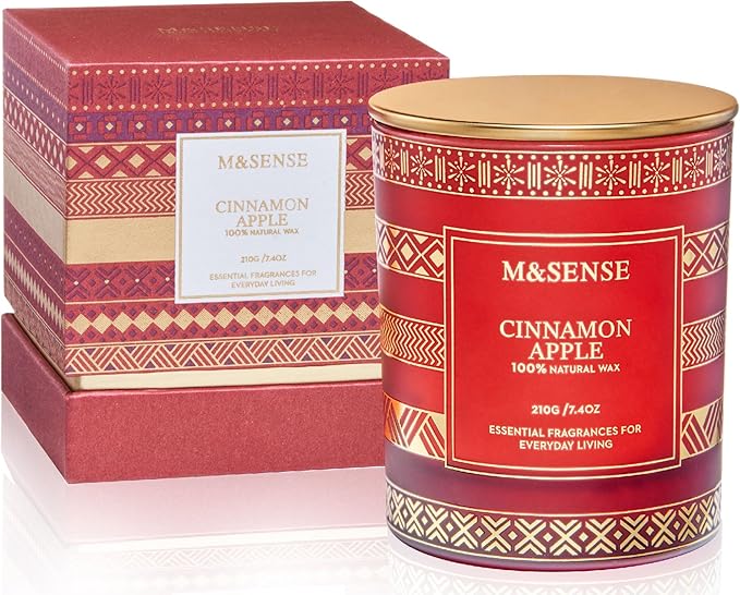M&SENSE Christmas Candle, Cinnamon Apple Scented, Natural Non Toxic Soy Candle for Home Scented, Xmas Thanksgiving Gift, 45 Hour Long Burning Time, Luxury Gift for Men Women, 7.4 Oz