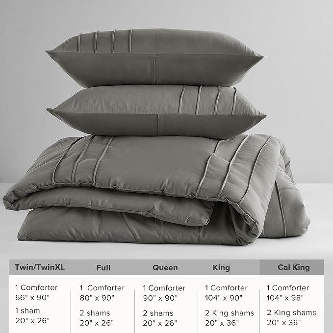 Comfort Spaces Grey Cal King Size Comforter Set - 3 Pieces Pintuck Pleated Bedding Sets, All Season Lightweight, Extra Softness Pre-Washed Microfiber Cal King Bed Set, Shams, Cal King