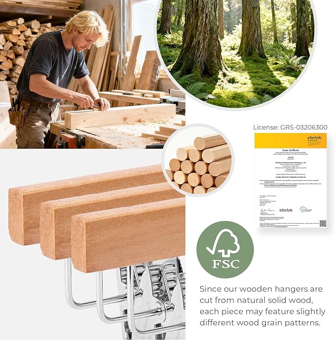 HOUSE DAY Premium Wooden Pants Hangers 100 Pack, Solid Lotus Wood Skirt Hangers with 2-Adjustable Clips, Heavy Duty & Anti Slip Wood Bottom Hanger for Slacks, Jeans, Trousers, Shorts (Natural)