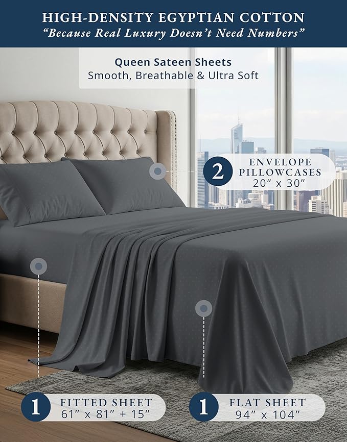100% Egyptian Cotton Sheets Queen Size Set – Silky Sateen Weave for Winter Comfort, 15" Secure Fit Deep Pocket Queen Sheet Set, Breathable, Hotel-Quality Soft Luxury You Can Feel - Swiss Dot Charcoal