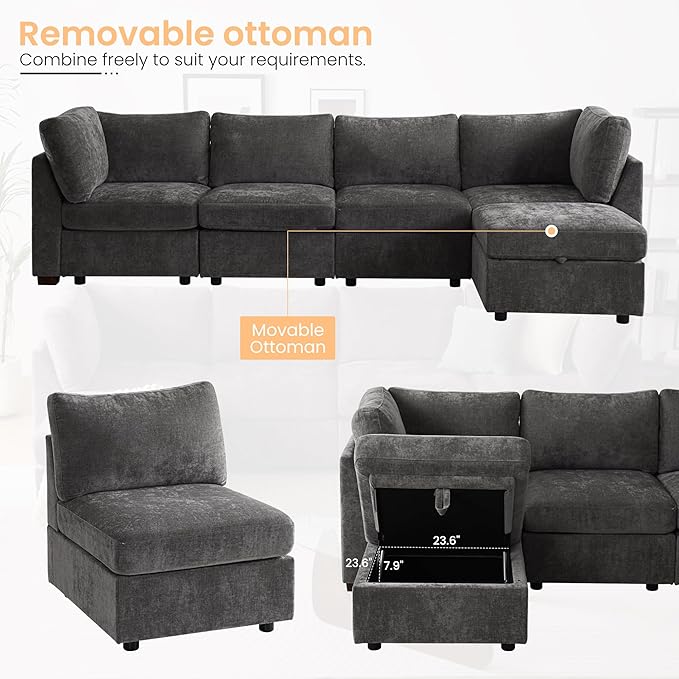 TEKAMON 96" Modular Sectional Sofa,Large Comfy Cloud 3-Seat Deep Seat, Reversible Chaise Modular Sectional Couches for Living Room and Apartmenr,Grey