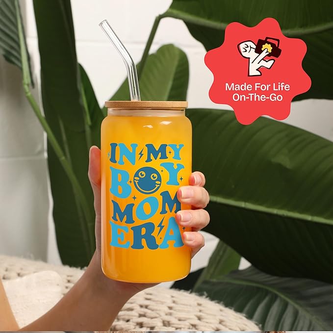 KLUBI Boy Mom Gifts for New Mother to Be - In My Boy Mom Era Cup 16oz Iced Coffee Glass with Lid and Straw - Baby Shower Mum Gifts for Women, Mama Coffee Mug for Expecting Mother Pregnancy Present
