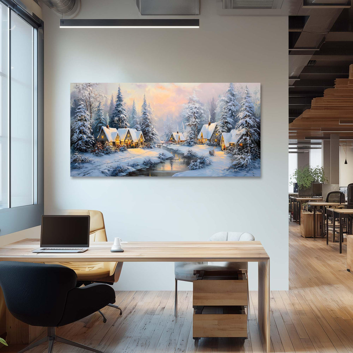 TEKMENT White Retro Cabin Wall Art for Bedroom Canvas Painting Prints Beautiful Snow Winter Forest Rustic Christmas Night Village Art Deco Nature Artwork Office Farmhouse Decor