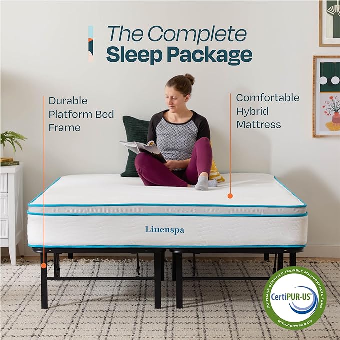Linenspa 10” Memory Foam and Innerspring Hybrid Mattress + 14” Black Metal Platform Bedframe – Twin Mattress + Metal Folding Twin Bed Frame