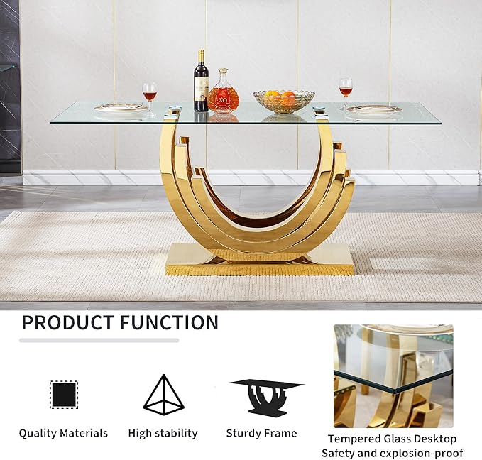 7 Piece Dining Table Set with 6 Grey Dining Chairs, Modern Glass Kitchen Table and Chairs Set for 6, 70" Rectangle Gold Glass Pedestal Dining Room Tables with Ring-Shape Stainless Steel Base