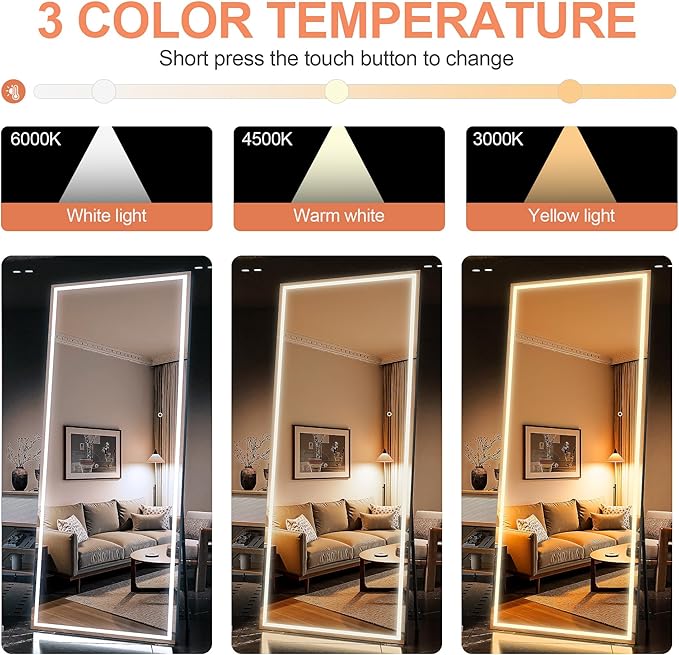 Full Length Mirror with Lights, 81" x 34" Large LED Lighted Floor Standing Body Mirror, Dimmable & 3 Color Lighting for Bedroom, Cloakroom, Dressing Room, Leaning & Hanging, Square Black