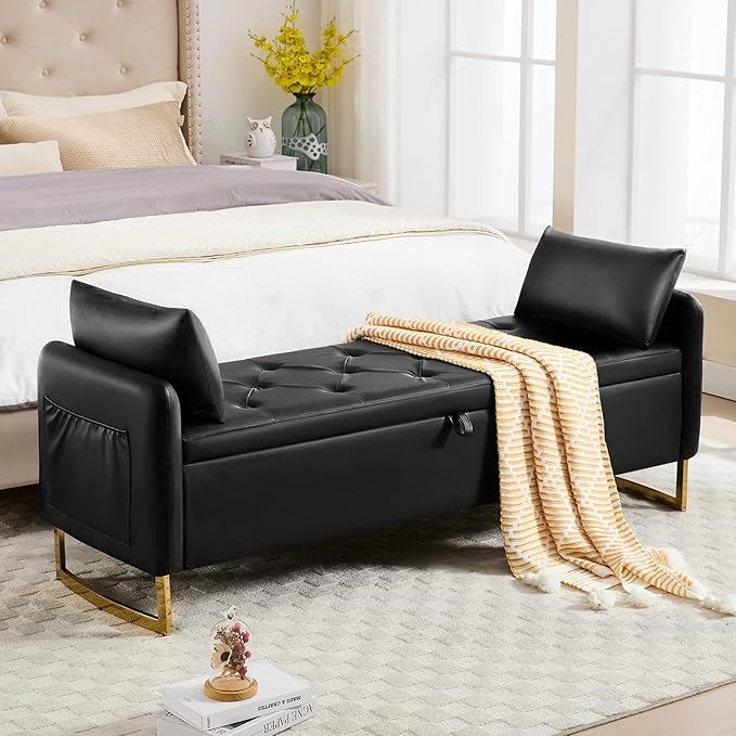 65" Leather Storage Bench, End of Bed Storage Bench King Size for Foot of Bed with Tufted Button and Gold Legs, Upholstered Faux Window Ottoman Benches with Armrests for Living Room, Black