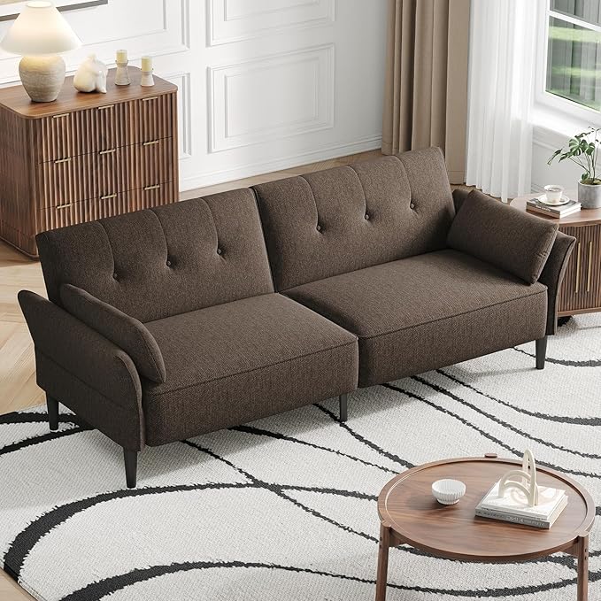 89” Futon Sofa Bed,Comfy Futon Couch Bed with 2 Square Pillows,Convertible Sleeper Sofa with Adjustable Backrest& Armrests, Modern Loveseat Sleeper for Living Room, Bedroom, Linen Brown