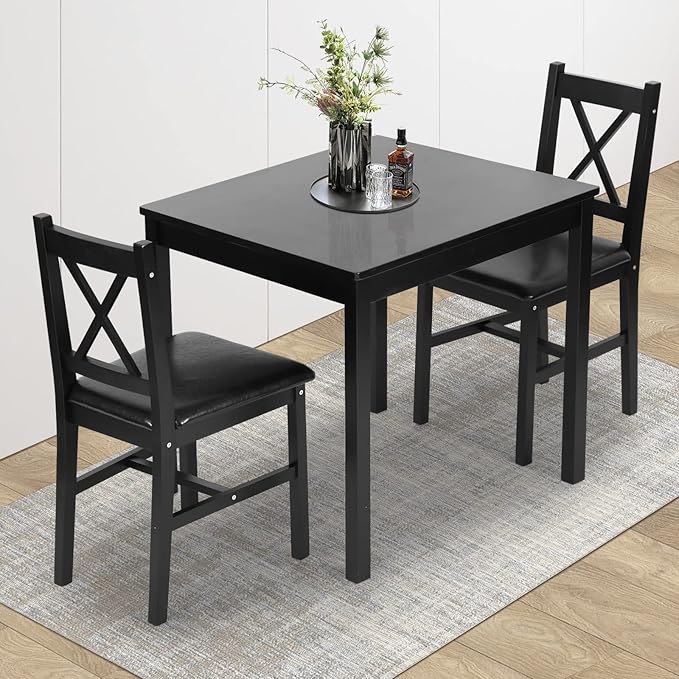 3-Piece Solid Wood Kitchen Table Set for 2 | Pine Dining Table with Upholstered Chairs | Space-Saving Design | Smooth Easy-to-Clean Surface | for Dining Room, Apartment, Restaurant, Dark Brown