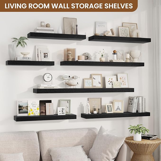 fuqing Floating Shelves for Wall, Wall Mounted Wood Floating Shelf with Invisible Brackets for Living Room, Bathroom, Bedroom, Kitchen Storage and Decor, 48 Inch Set of 2, Black