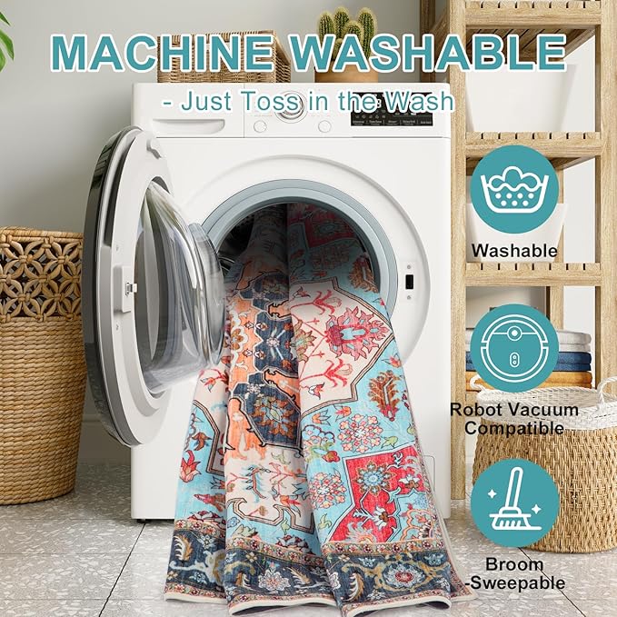 WILLSUN Washable Area Rugs, 3x5 Non-Slip Boho Large Area Rugs for Living Room, Bedroom, Machine Washable Vintage Rug, Indoor Floral Print Carpet for Home Decor, Kid & Pet Friendly Mat
