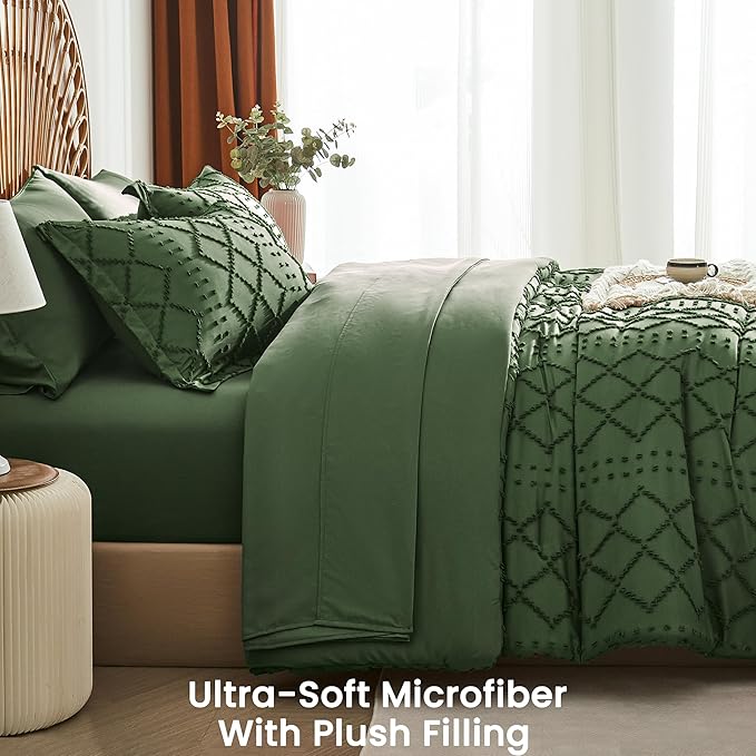 Oliver Green Tufted Comforter Set King Size 7 Piece Bed in a Bag,Shabby Chic Boho Comforter and Sheet Set,All Season Soft Microfiber Complete Bedding Set(Oliver Green,102"x90")