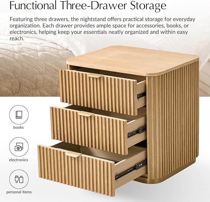 Fluted Nightstand Set of 2 with 3 Drawers, Modern End Table with Charging Station, USB Type-C Ports & Metal Frame for Bedroom,Natural