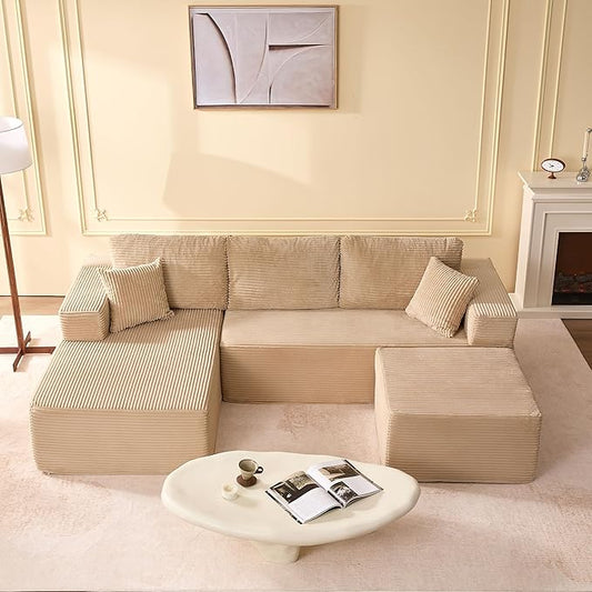 107" Boneless Couch with Deep Seat, Modular Sectional Sofa, Cloud Sectional Couch for Living Room, No Assembly Required, Corduroy, U-Shape 3 Seater Left, Camel