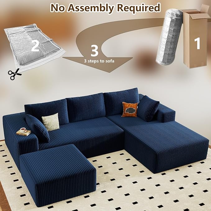96" U-Shape Cloud Couch, Modern Modular Sectional L-Shape Sofa with Ottoman, Corduroy Upholstered Couches Deep Seat Sleeper Chaise Longue for Living Room, No Assembly Required(Blue, Right Facing)