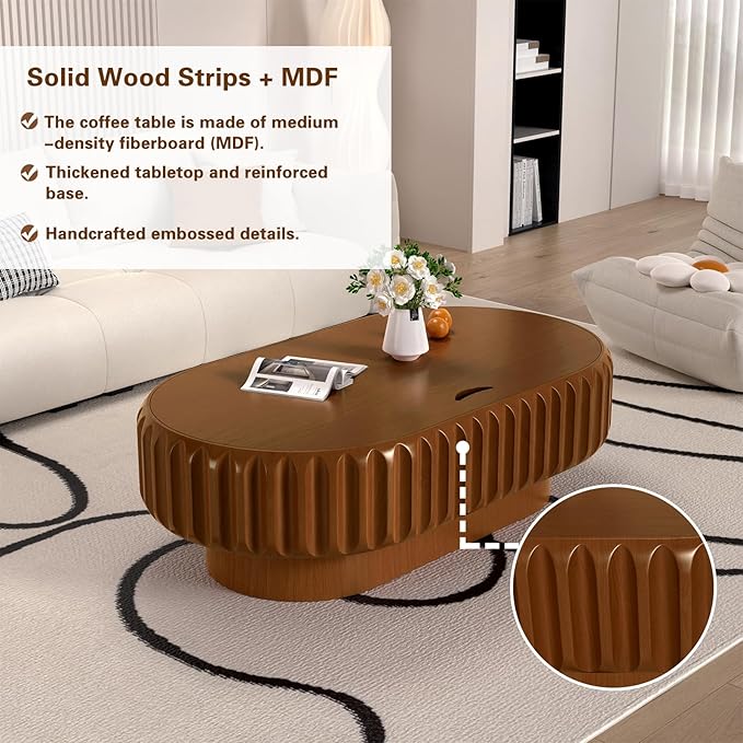 Oval Drum Coffee Table Fluted Coffee Table with Storage Center Table Pedestal End Table for Apartment (43.3in)