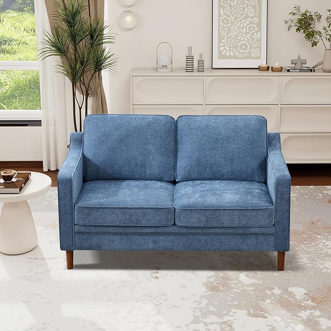 Kingfun 56" Chenille Sofa, Loveseat Couch, Mid Century Modern Love Seat Couches with Solid Wood Frame for Living Room & Bedroom, Light Blue