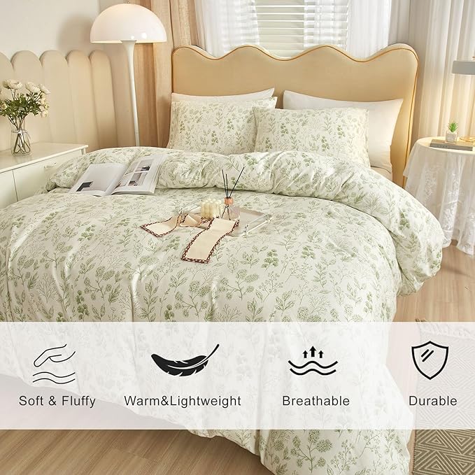 EAVD Fresh Green Floral Comforter Set Queen White Fluffy Soft Microfiber Chic Garden Floral Bedding Queen Bed Comforter and 2 Pillowcases Reversible Vintage Botanical Comforter Set for All-Season