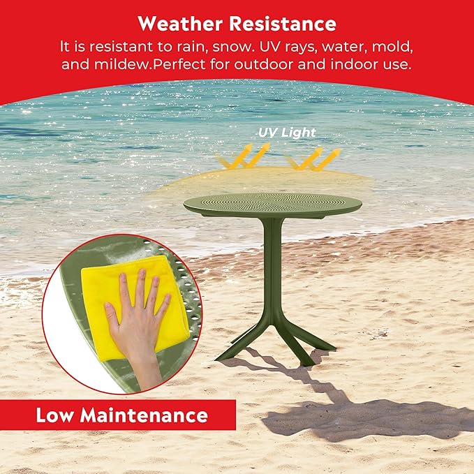 Costaelm Small Patio Table, Outdoor Round Dining Table, Weather Resistant Outside Table for Poolside Deck Lawn Garden Backyard, Olive Green