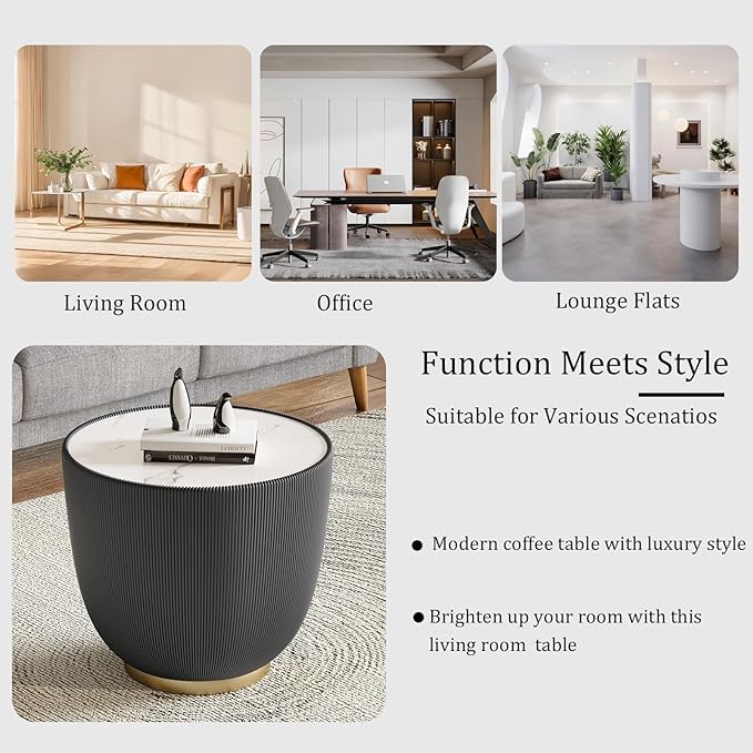 Round Coffee Table Set with Sintered Stone Tabletop, 27.56" Grey Drum Center Table and 19.69" Grey Coffee Table Set, 2 Pieces Living Room Table Set with Fluted PU Leather Cover& Metal Base