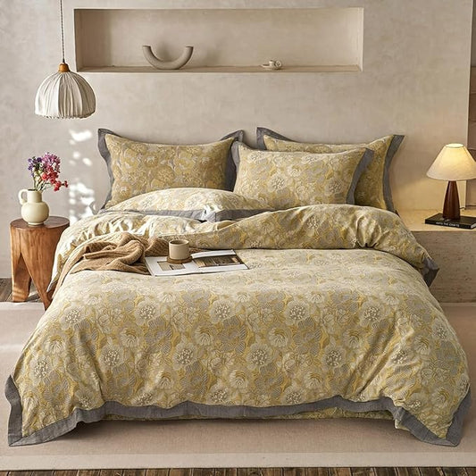 Golden Floral Duvet Cover Twin XL Vintage Jacquard Flower Bedding Set Linen Cotton Yarn-Dyed Textured Duvet Cover Bordered Farmhouse Boho Floral Comforter Cover with Zipper Closure Cozy Breathable