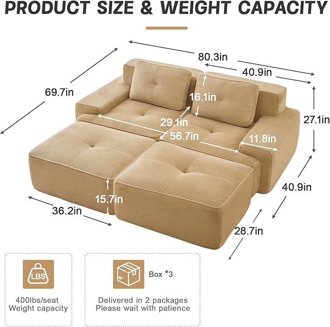 80" Modern Corduroy Boneless Love Seat Couches with 2 Ottomans, 2 Seater Large Sectional Couches for Living Room, Camel Cloud Modular Sectional Sofa, Memory Foam, Extra Deep Loveseat, No Assembly