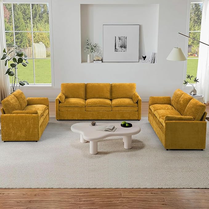 3 Pieces Chenille Sofa Set w/Arm Pillows, Upholstered Loveseat & 2 Pieces 3 Seater Sofa w/Comfortable Back Cushions, Modern 2-Seat & 3-Seat w/High-Density Foam for Living Room, Yellow