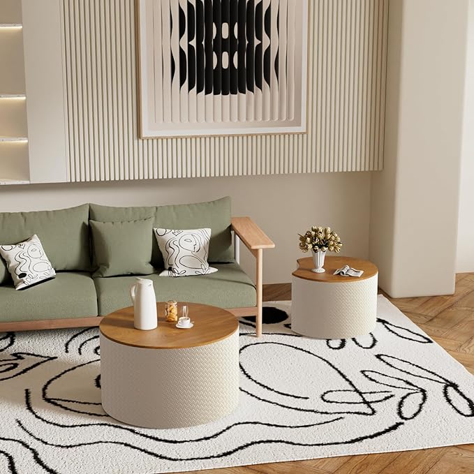 Round Nesting Coffee Table Set of 2, Round Fluted Coffee Tables with Storage for Living Room Leather Veneer Modern Nesting End Side Tables for Small Spaces (A Storage White)