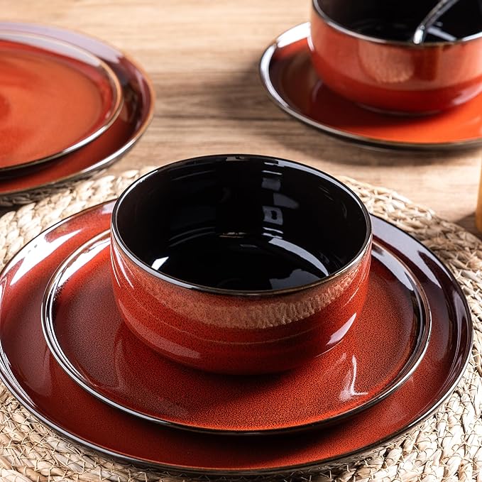 ERATIO Ceramic Dinnerware Sets for 4,12 Pieces Poreclain Plates and Bowls Sets,Scratch Resistant Dishes,Dishwasher & Microwave Safe Dishes Set,Service for 4-Red