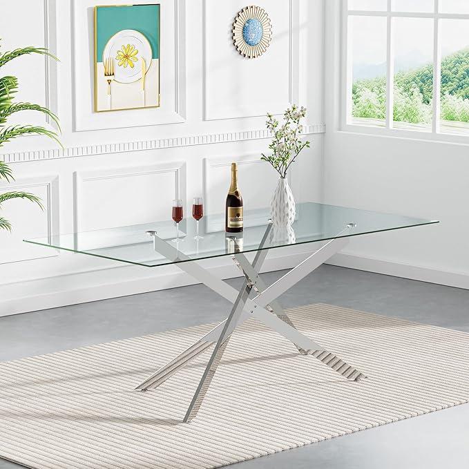 60.6'' Tempered Glass Dining Table for 4-6 People, Rectangle Kitchen Table with X-Base Metal Legs, Adjustable Feet, Glass Top Desk for Home Office Silver Dining Room Table for 6