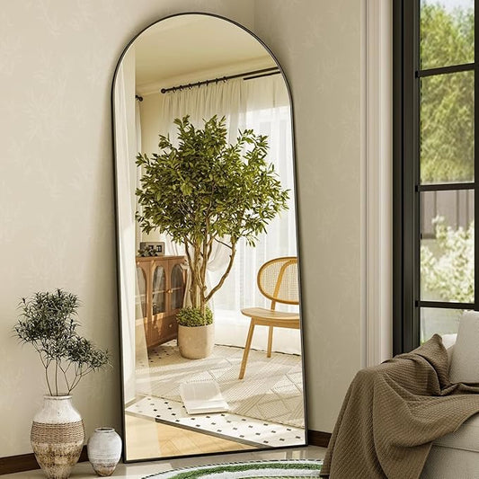 GLSLAND 35x78 inch Arched Full Length Mirror - Aluminum Alloy Frame Floor Mirror with Stand High Definition-Full Body Mirrors for Bedroom or Living Room,Black