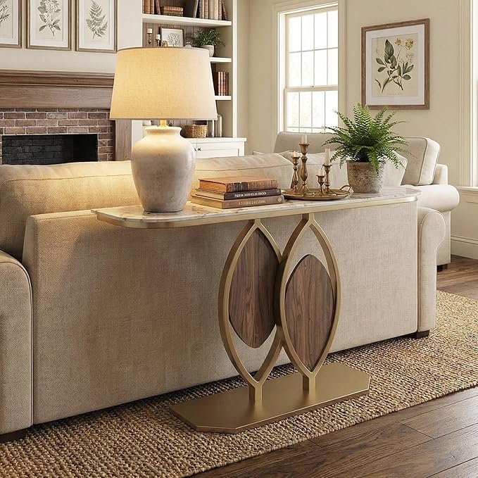 Stone Console Table Gold for Entryway, Modern Foyer Table Sofa Tables Narrow Long Stone Top for Living Room, Hallway Decor, Creative Styling(White,39.3"x11.8"x31.5")