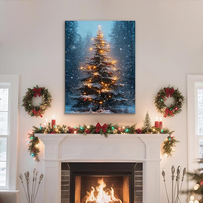 Framed Christmas Pictures Wall Decor,Vintage Pine Tree Prints,Winter Christmas Canvas Wall Art Decoration for Bedroom Bathroom Living Room Rustic Xmas Holiday Gifts (Christmas Tree 3, 20'' X 32'')