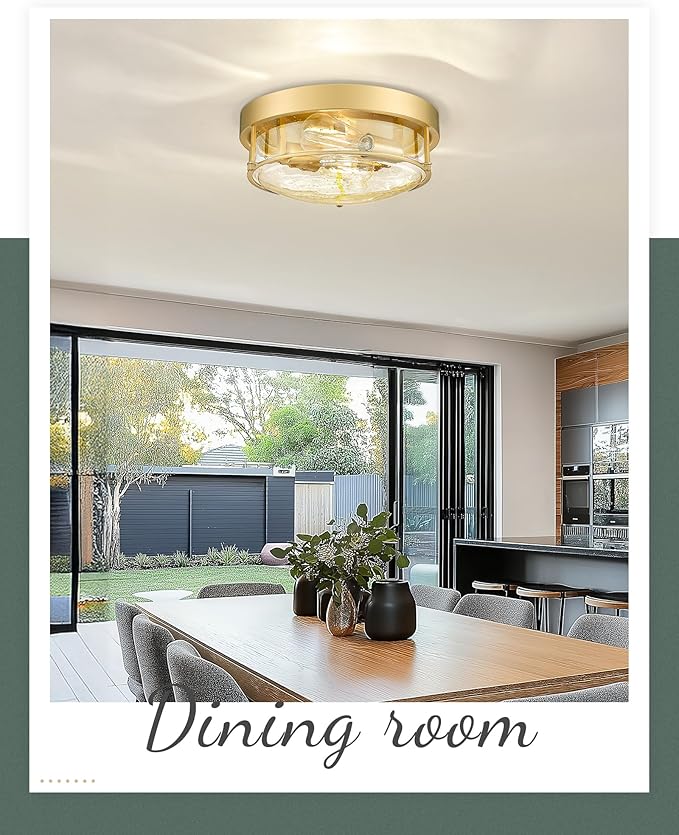 12" Flush Mount Ceiling Light, Farmhouse Style, Bubble Glass,Brass Gold, for Living Room, Bedroom, Dining – CKCL4822-2W-SGBB