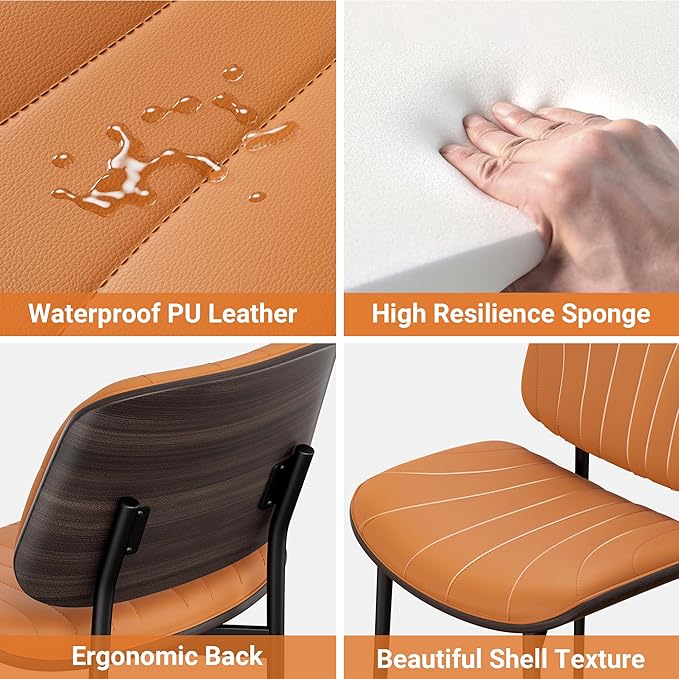 Dining Chairs Set of 8, Mid-Century Modern Upholstered PU Leather Chairs with Walnut Back and Metal Legs Adjustable Feet for Kitchen Dining Room, Orange Shell Strips