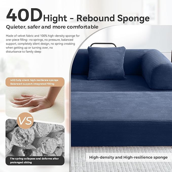 Convertible Sofa Bed with Cylindrical Pillow,Comfy Floor Sofa Bed Compressed Sofa in Box, Convertible Sofa Bed for Living Room Bedroom Lounge Studio, Comfy High Density Foam Mattress(Navy Blue)