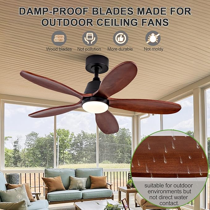 42 Inch Wood Ceiling Fans with Lights and Remote, Modern Ceiling Fan with Light, 5 Blades, Dimmable, Wall Switch, Memory Function, Indoor Outdoor Black Ceiling Fan for Patio Bedroom