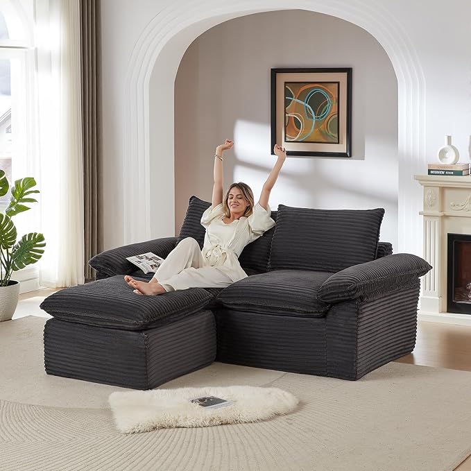 80" Cloud Sectional Couch with L-Shaped Chaise, Corduroy Sectional Sofa with Ottoman, Boneless Couch with Deep Seat in a Box for Living Room, No Assembly Required (Dark Grey)