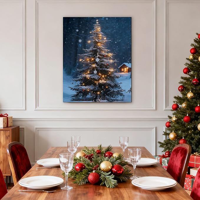 Framed Christmas Pictures Wall Decor,Vintage Pine Tree Prints,Winter Christmas Canvas Wall Art Decoration for Bedroom Bathroom Living Room Rustic Xmas Holiday Gifts (Christmas Tree 19, 20'' X 32'')