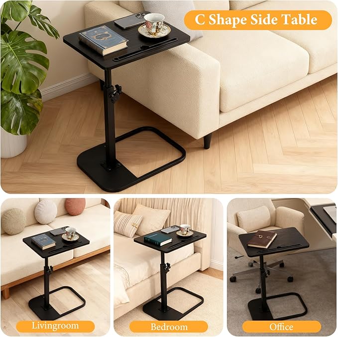 jessie Tv Tray Table, Adjustable Tray Table for Couch 360° Swivel C Shaped End Table with Phone Tablet Slot for Living Room, Sofa, Bedside, Bathroom (Black)